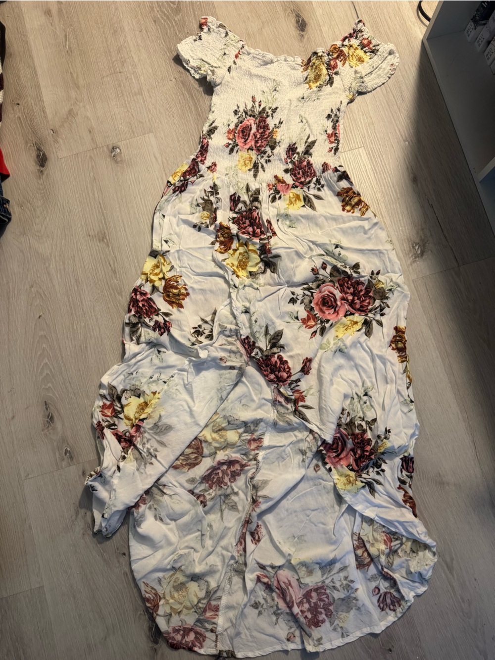 Floral Smocked Waist Women's Top - White with Pink & Yellow Roses